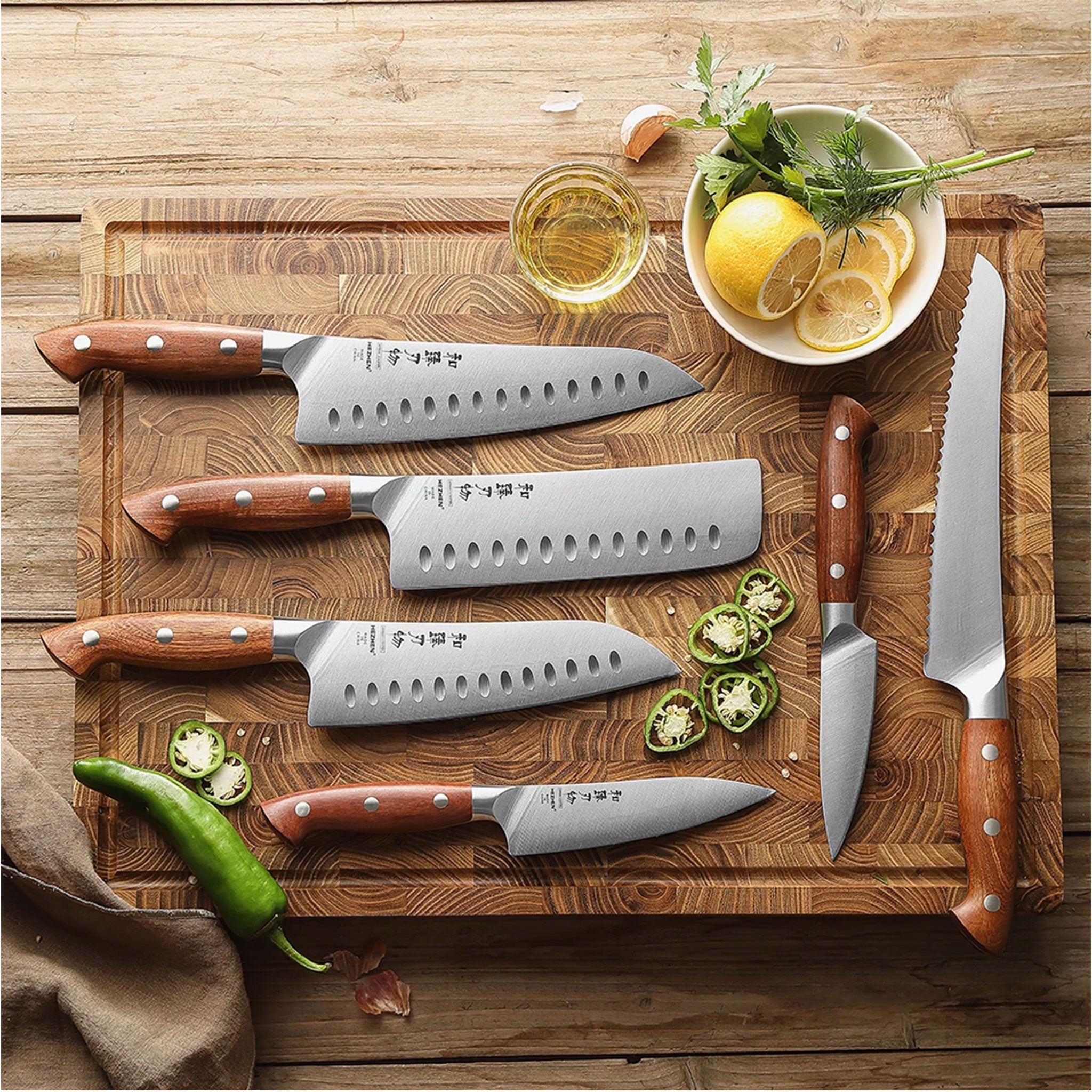 HEZHEN 1PC/6PC Kitchen Knife Set with Red Wood Handles