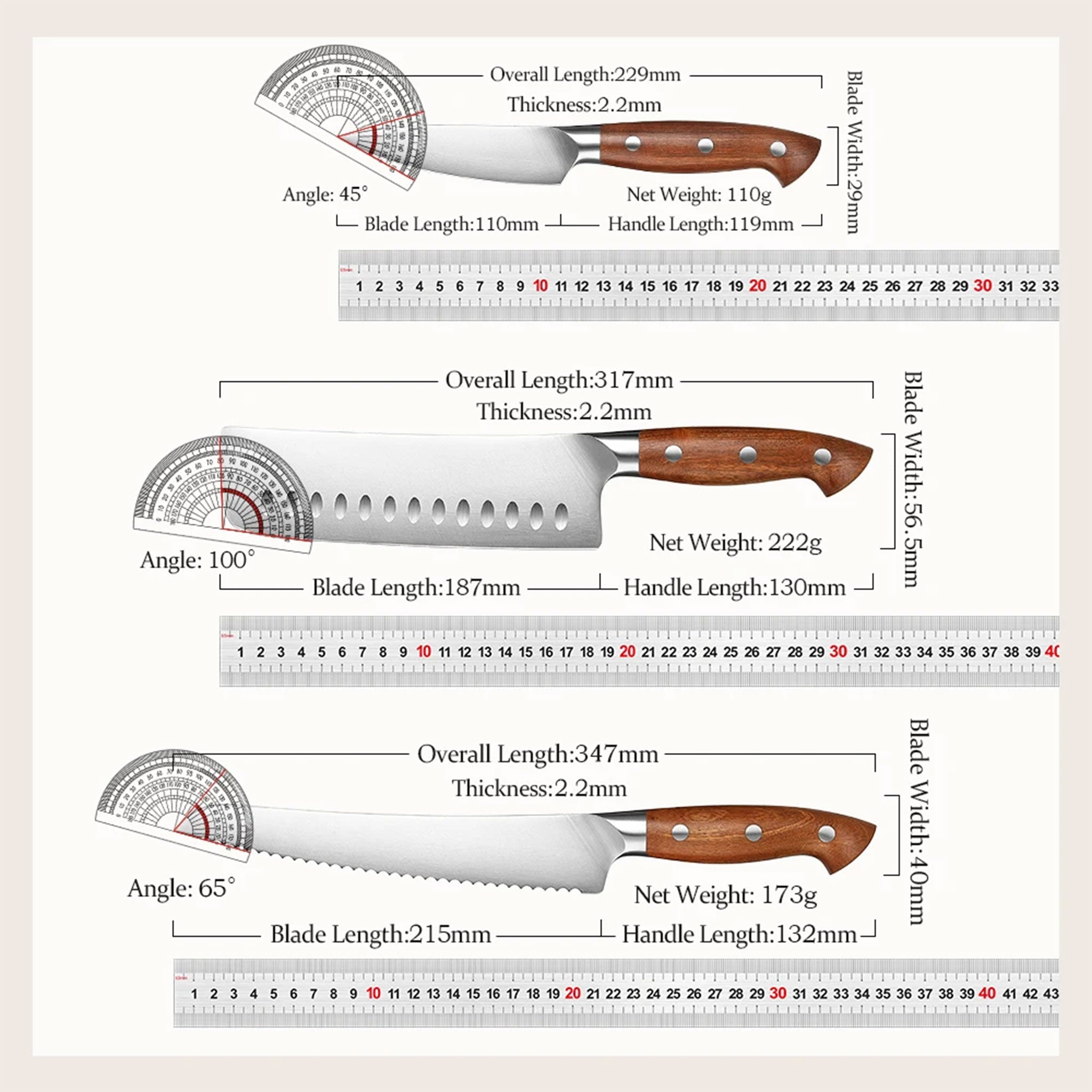 HEZHEN 1PC/6PC Kitchen Knife Set with Red Wood Handles