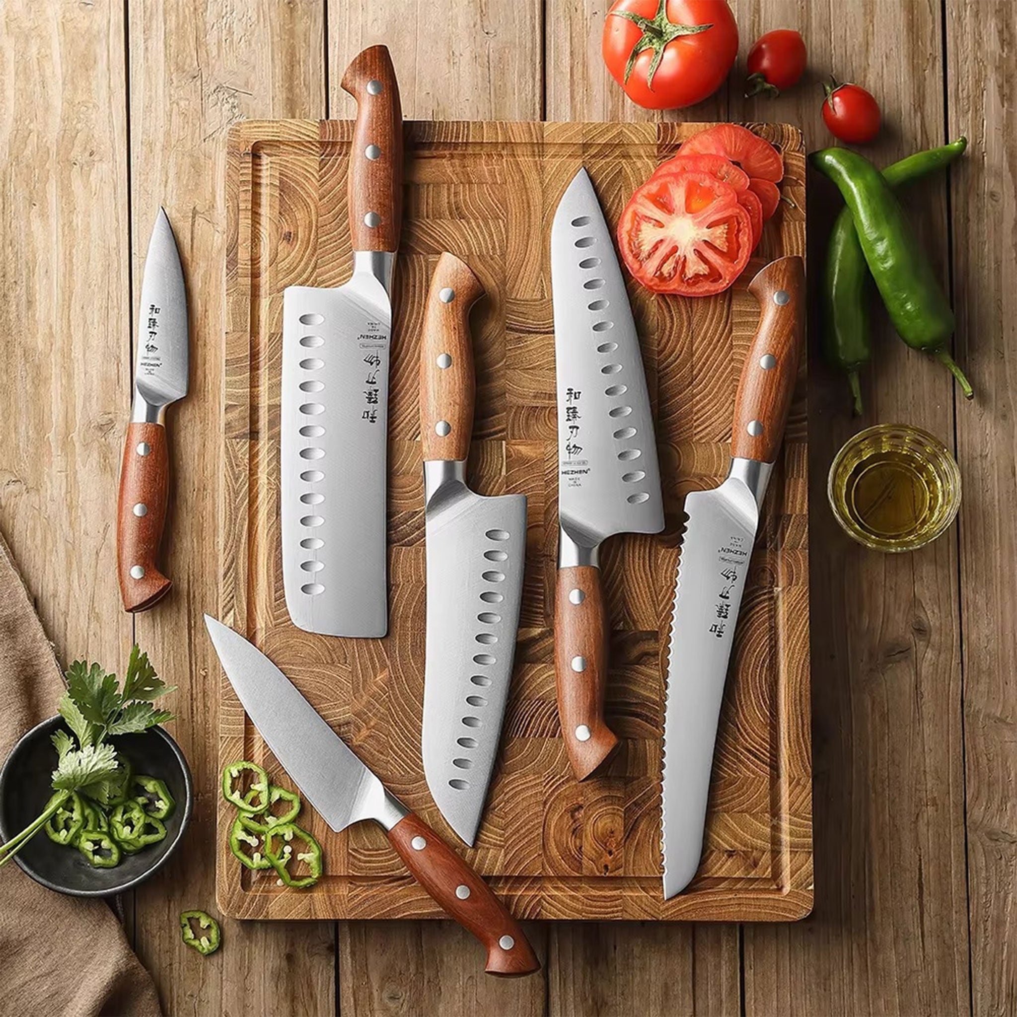 HEZHEN 1PC/6PC Kitchen Knife Set with Red Wood Handles