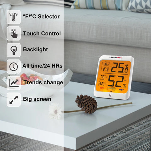 ThermoPro TP53 Digital Thermometer Hygrometer Backlight Indoor Room Thermometer Temperature and Humidity Monitor Weather Station