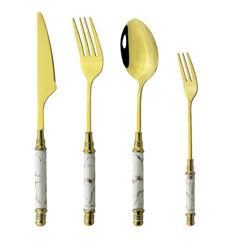 2/4/6Set Ceramic Tableware Fork Spoon Knife Set Vintage Cutlery Set Stainless Steel Dinner Dinnerware Set White Marble Handle