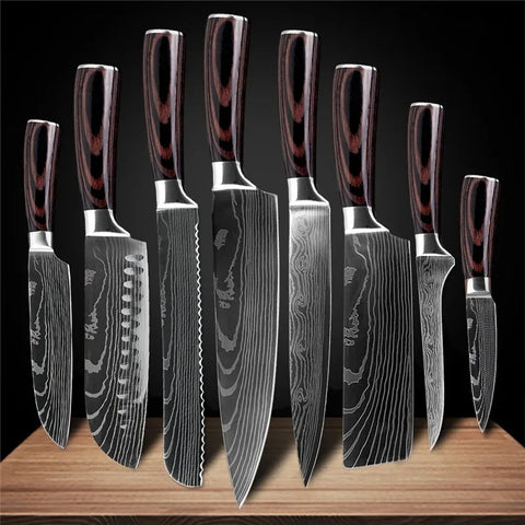 7CR17 Japanese Kitchen Knives Set Laser Damascus Pattern Chef Knife Sharp Santoku Cleaver Slicing Utility Knives Tools