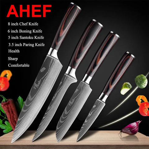 7CR17 Japanese Kitchen Knives Set Laser Damascus Pattern Chef Knife Sharp Santoku Cleaver Slicing Utility Knives Tools