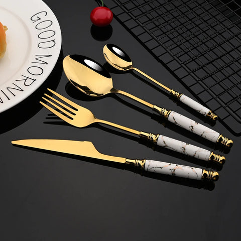 2/4/6Set Ceramic Tableware Fork Spoon Knife Set Vintage Cutlery Set Stainless Steel Dinner Dinnerware Set White Marble Handle