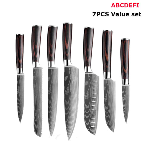 7CR17 Japanese Kitchen Knives Set Laser Damascus Pattern Chef Knife Sharp Santoku Cleaver Slicing Utility Knives Tools