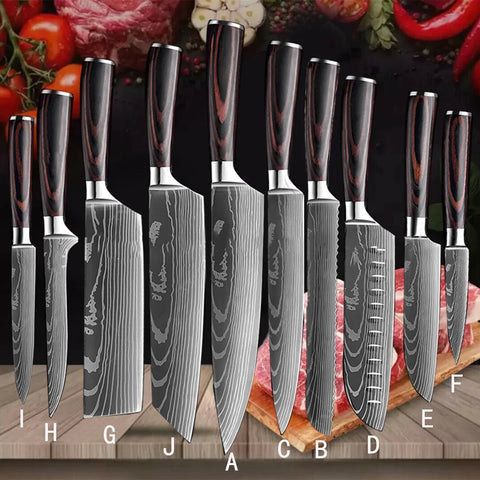 7CR17 Japanese Kitchen Knives Set Laser Damascus Pattern Chef Knife Sharp Santoku Cleaver Slicing Utility Knives Tools