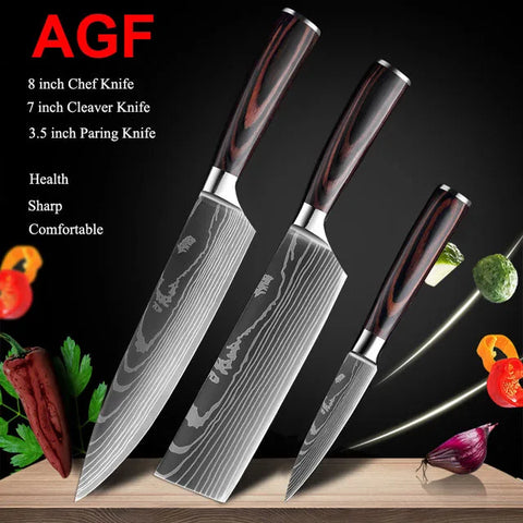 7CR17 Japanese Kitchen Knives Set Laser Damascus Pattern Chef Knife Sharp Santoku Cleaver Slicing Utility Knives Tools