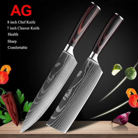 7CR17 Japanese Kitchen Knives Set Laser Damascus Pattern Chef Knife Sharp Santoku Cleaver Slicing Utility Knives Tools