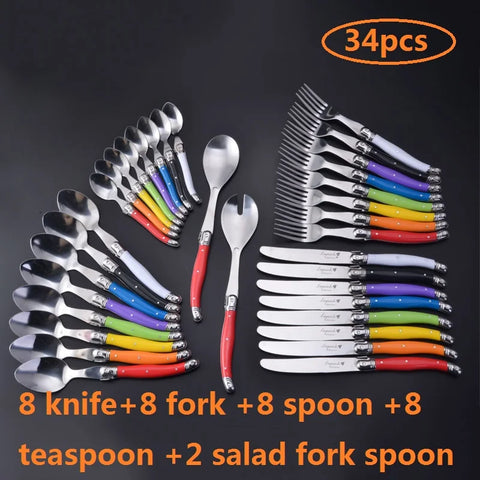 34pcs Laguiole Style Black Red Dinnerware set Rainbow Cutlery Xmas Gift Stainless Steel Steak Knives Fork Salad Spoon Teaspoon