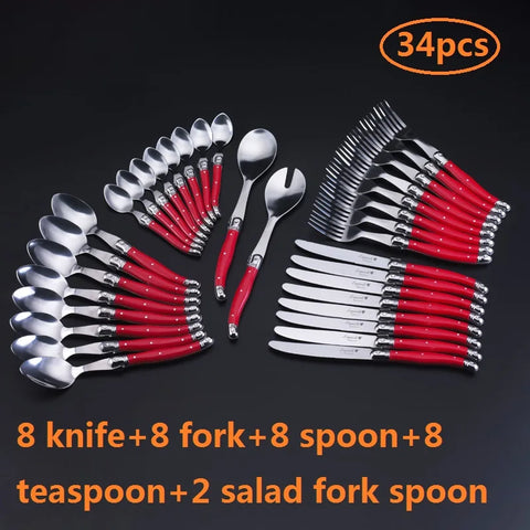 34pcs Laguiole Style Black Red Dinnerware set Rainbow Cutlery Xmas Gift Stainless Steel Steak Knives Fork Salad Spoon Teaspoon