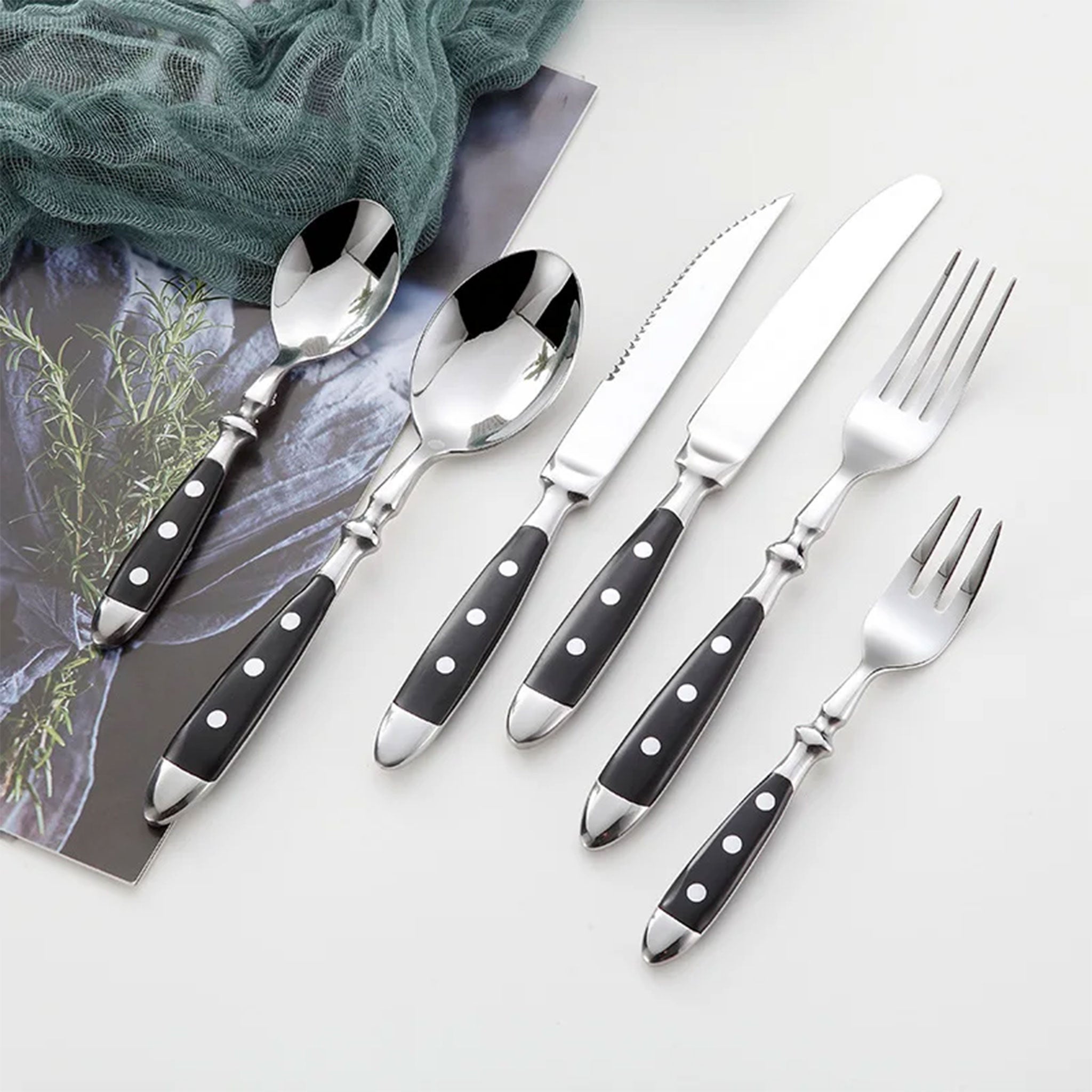 Hotel Stainless Steel Cutlery Set with Black Wood Handles – Knives, Forks & Spoons