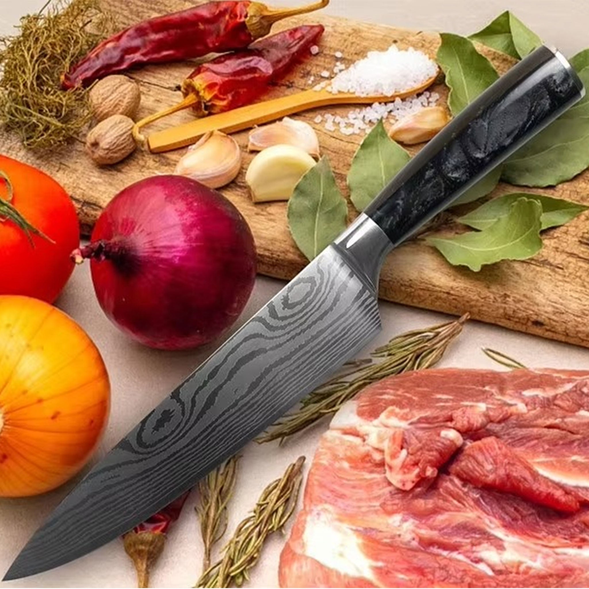 Japanese Kitchen Knife Set – Laser Damascus Pattern Stainless Steel