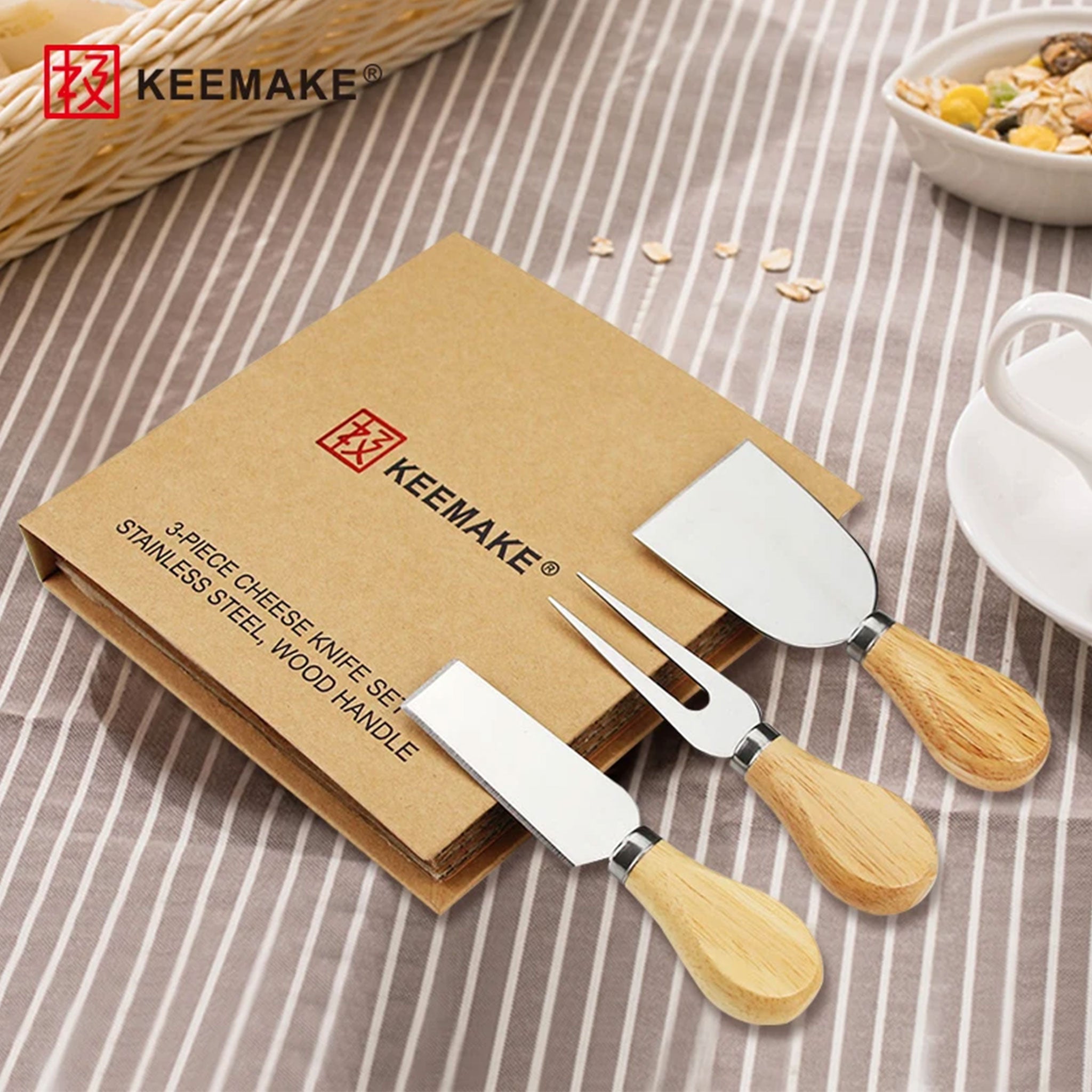 KEEMAKE 3PCS Stainless Steel Cheese Knife Set with Bamboo Handles