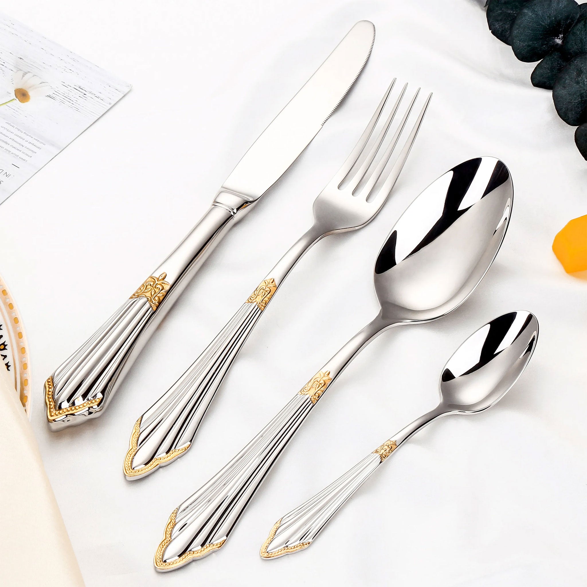 Luxury Gold Plated Flatware Set – 4 to 28pcs Hollow Handle Cutlery