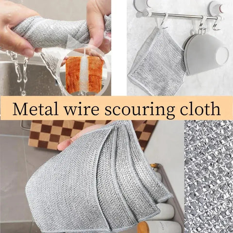 Magic Metal Wire Dishcloth Double Layer Thickened Cleaning Cloths Microfiber Wash Cloth Towel Kitchen Dishwashing Scouring Pads - Wiktra