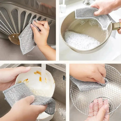 Magic Metal Wire Dishcloth Double Layer Thickened Cleaning Cloths Microfiber Wash Cloth Towel Kitchen Dishwashing Scouring Pads - Wiktra