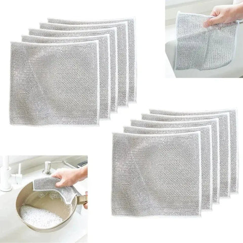 Magic Metal Wire Dishcloth Double Layer Thickened Cleaning Cloths Microfiber Wash Cloth Towel Kitchen Dishwashing Scouring Pads - Wiktra