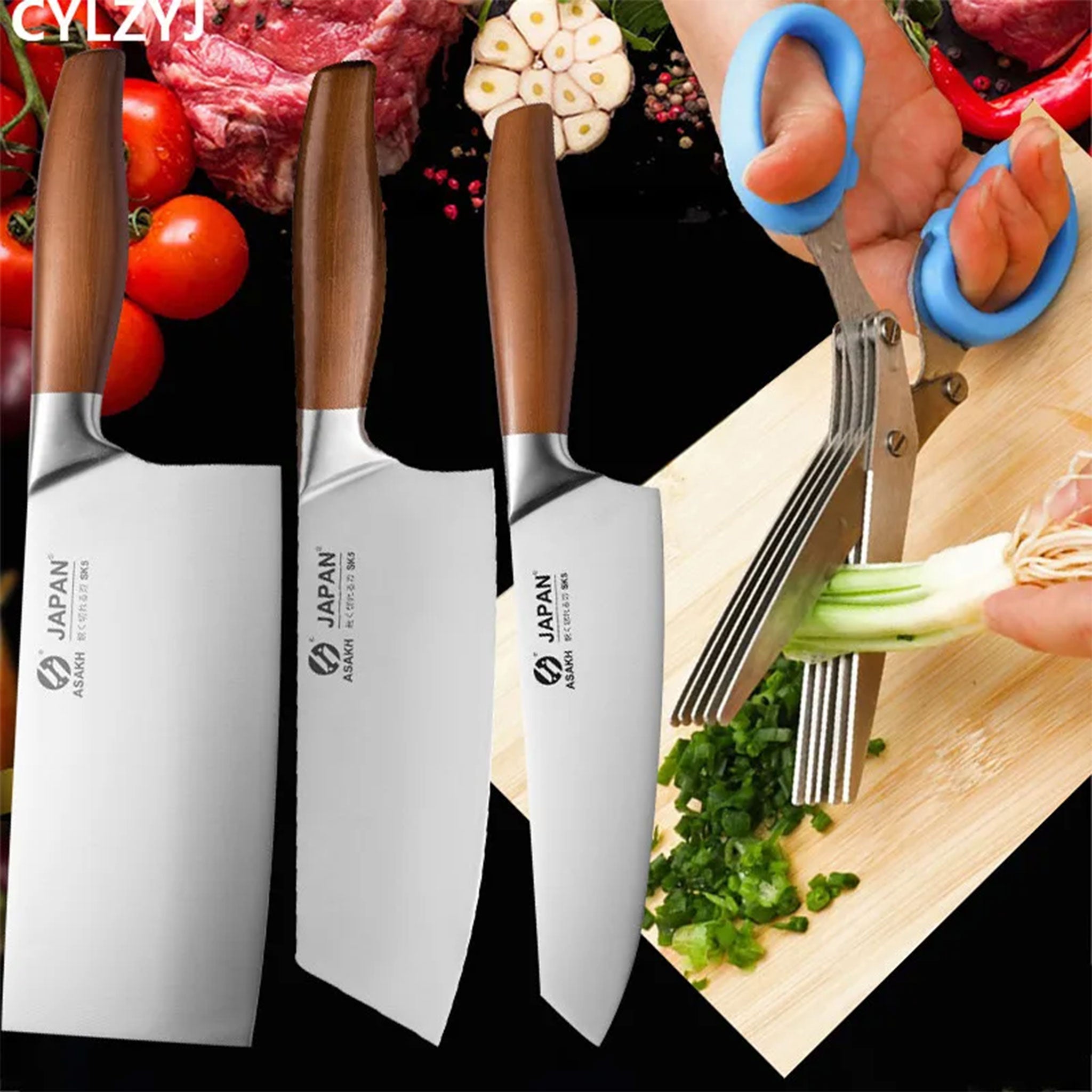 Multifunctional Stainless Steel Kitchen Knife and Scissor Set