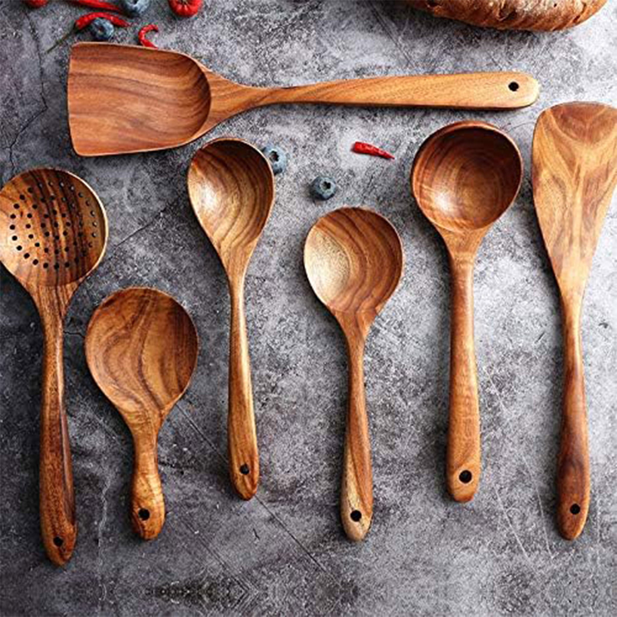 Natural Teak Wooden Cooking Utensils Set – Non-Stick Kitchen Spoons & Spatulas