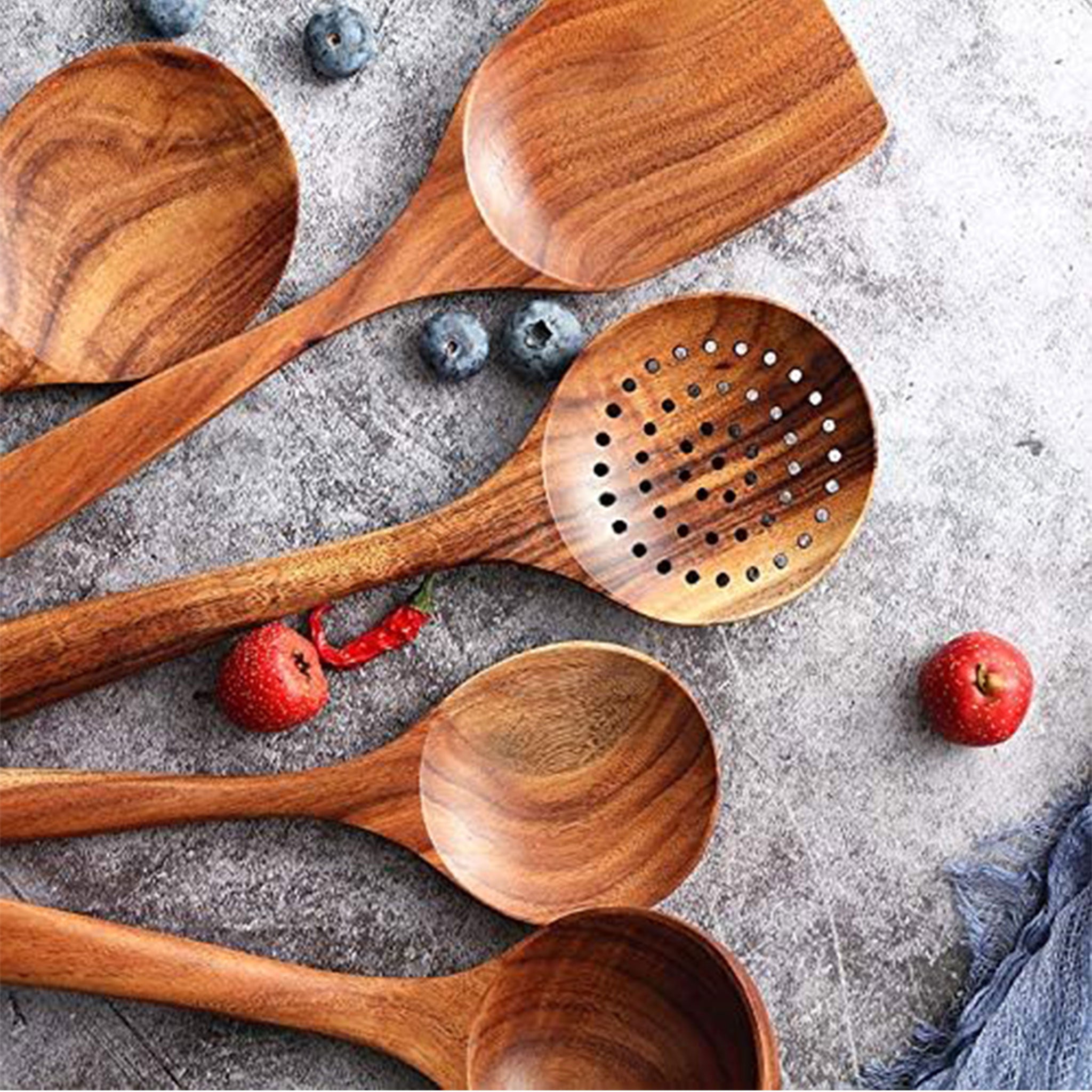 Natural Teak Wooden Cooking Utensils Set – Non-Stick Kitchen Spoons & Spatulas