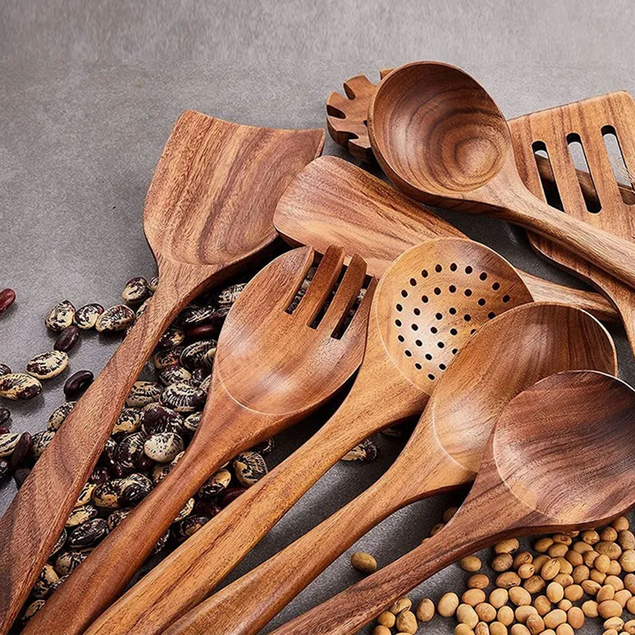 Natural Teak Wooden Kitchen Utensil Set (1–9 PCS)