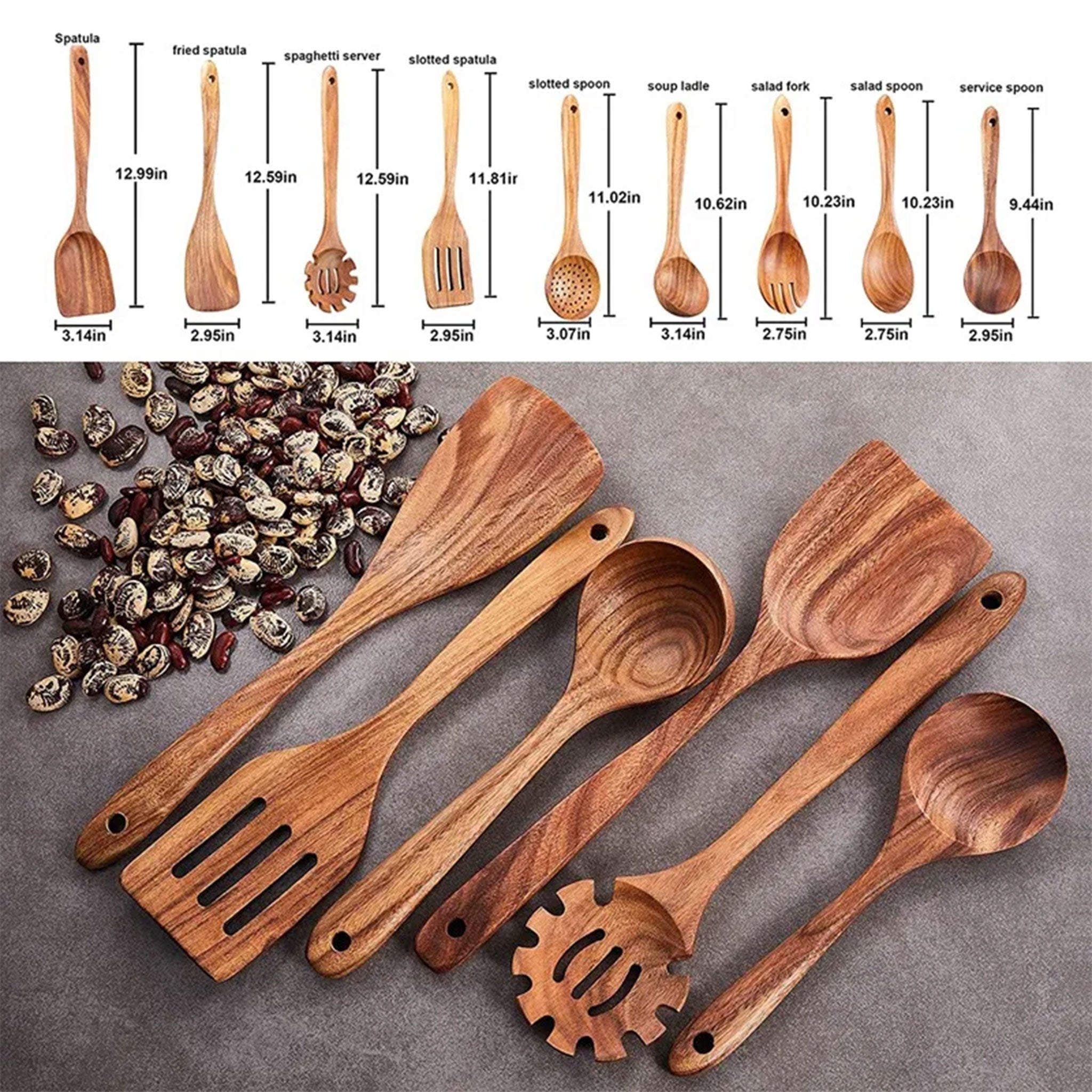 Natural Teak Wooden Kitchen Utensil Set (1–9 PCS)
