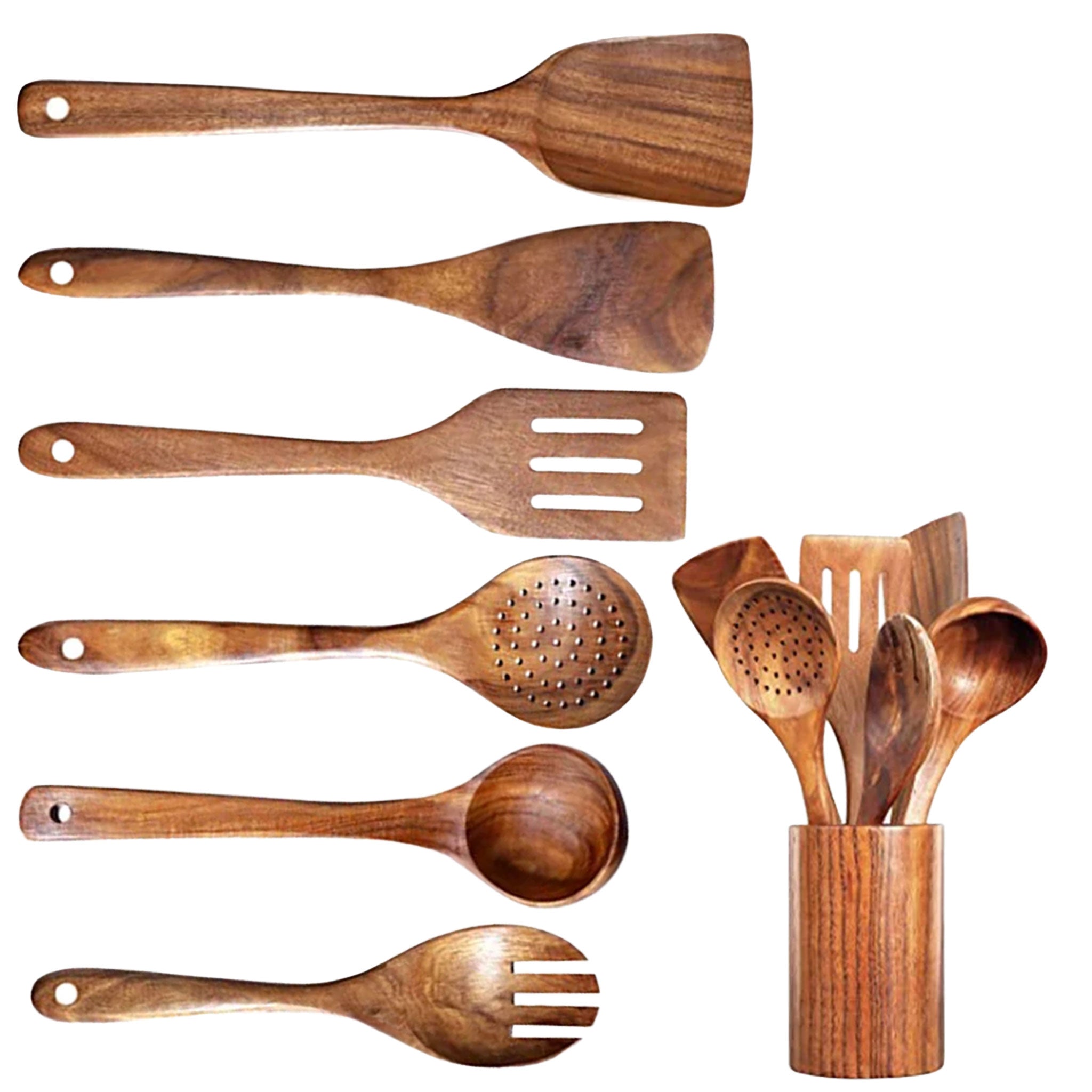 Natural Teak Wooden Cooking Utensils Set – Non-Stick Kitchen Spoons & Spatulas
