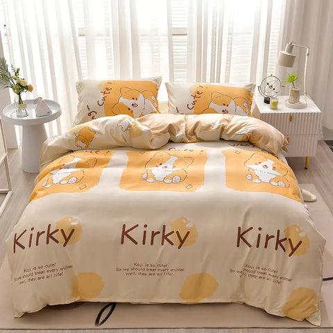 Nordic Bed Four-Piece Bedding Set  Cute Pattern  Microfiber Quilt Cover Bed Sheet Set Piece Set Suitable For Four Seasons