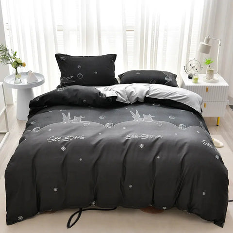 Nordic Bed Four-Piece Bedding Set  Cute Pattern  Microfiber Quilt Cover Bed Sheet Set Piece Set Suitable For Four Seasons