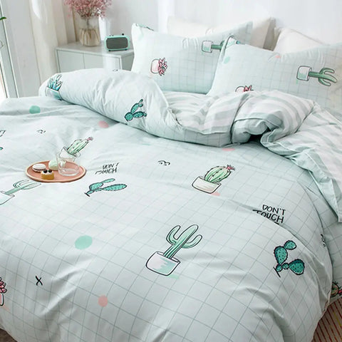 Nordic Bed Four-Piece Bedding Set  Cute Pattern  Microfiber Quilt Cover Bed Sheet Set Piece Set Suitable For Four Seasons