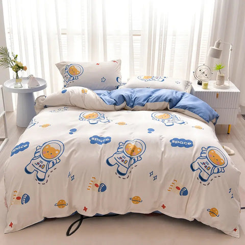 Nordic Bed Four-Piece Bedding Set  Cute Pattern  Microfiber Quilt Cover Bed Sheet Set Piece Set Suitable For Four Seasons