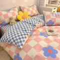 Nordic Pink Checkerboard Duvet Cover Sets With Pillowcases Flat Sheet Kids Girls Boys Full Queen Twin Size Kawaii Bedding Kit wiktra