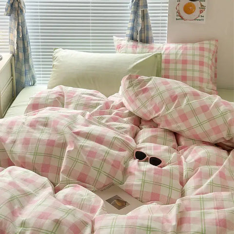 Nordic Pink Checkerboard Duvet Cover Sets With Pillowcases Flat Sheet Kids Girls Boys Full Queen Twin Size Kawaii Bedding Kit