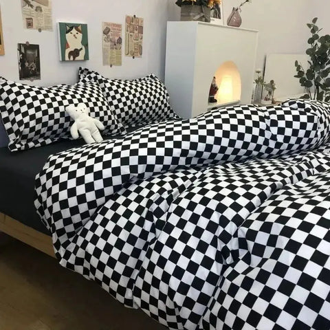 Nordic Pink Checkerboard Duvet Cover Sets With Pillowcases Flat Sheet Kids Girls Boys Full Queen Twin Size Kawaii Bedding Kit