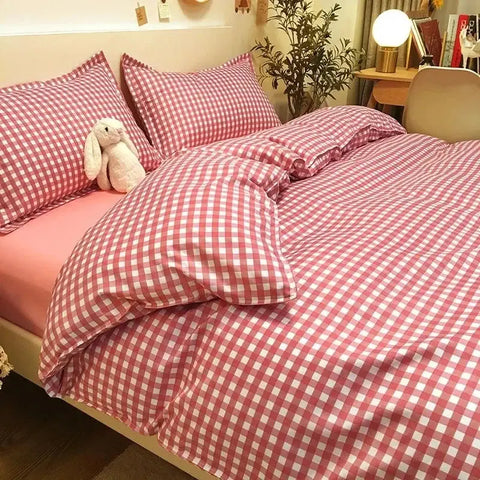 Nordic Pink Checkerboard Duvet Cover Sets With Pillowcases Flat Sheet Kids Girls Boys Full Queen Twin Size Kawaii Bedding Kit