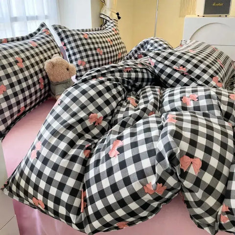 Nordic Pink Checkerboard Duvet Cover Sets With Pillowcases Flat Sheet Kids Girls Boys Full Queen Twin Size Kawaii Bedding Kit