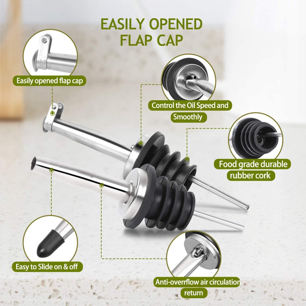 Amazon's Best-Selling Stainless Steel Olive Oil Dispenser, Oil And Vinegar Bottle Stopper, Oil Pouring Spout, Wine Pourer, Flip-Top Black Cap, Leak-Proof