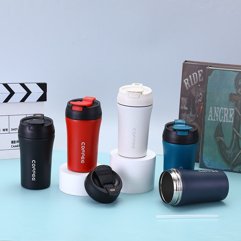 Cross-border Stainless Steel Double-layer Coffee Cup Vacuum Flip Bounce Double Drinking Straw Vacuum Cup Car Gift Water Cup