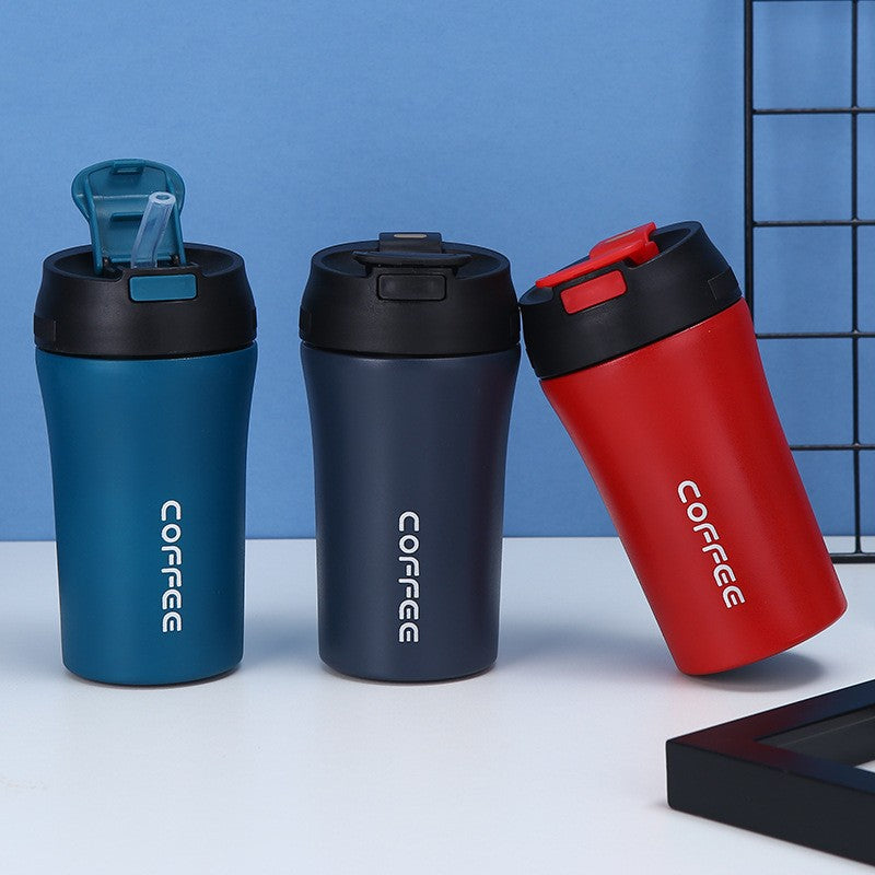 Cross-border Stainless Steel Double-layer Coffee Cup Vacuum Flip Bounce Double Drinking Straw Vacuum Cup Car Gift Water Cup