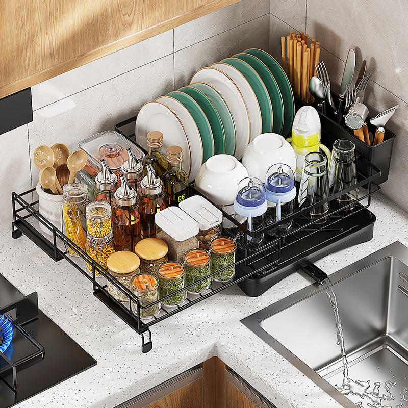 Single-layer Retractable Dish Drain Rack Sink Top Water Control Basket With Water Dish Chopsticks Holder Kitchen Sink Rack