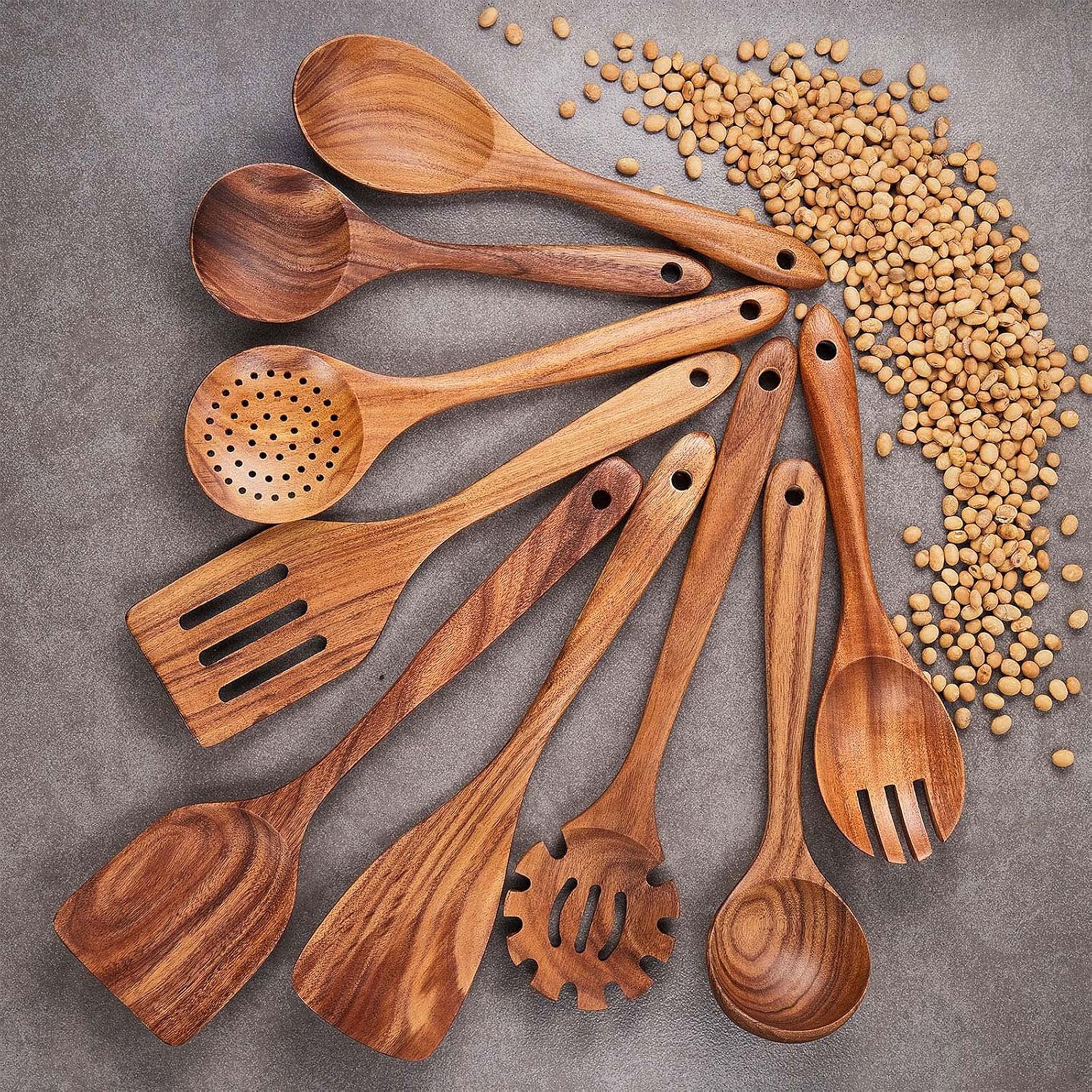 Natural Teak Wooden Kitchen Utensil Set (1–9 PCS)