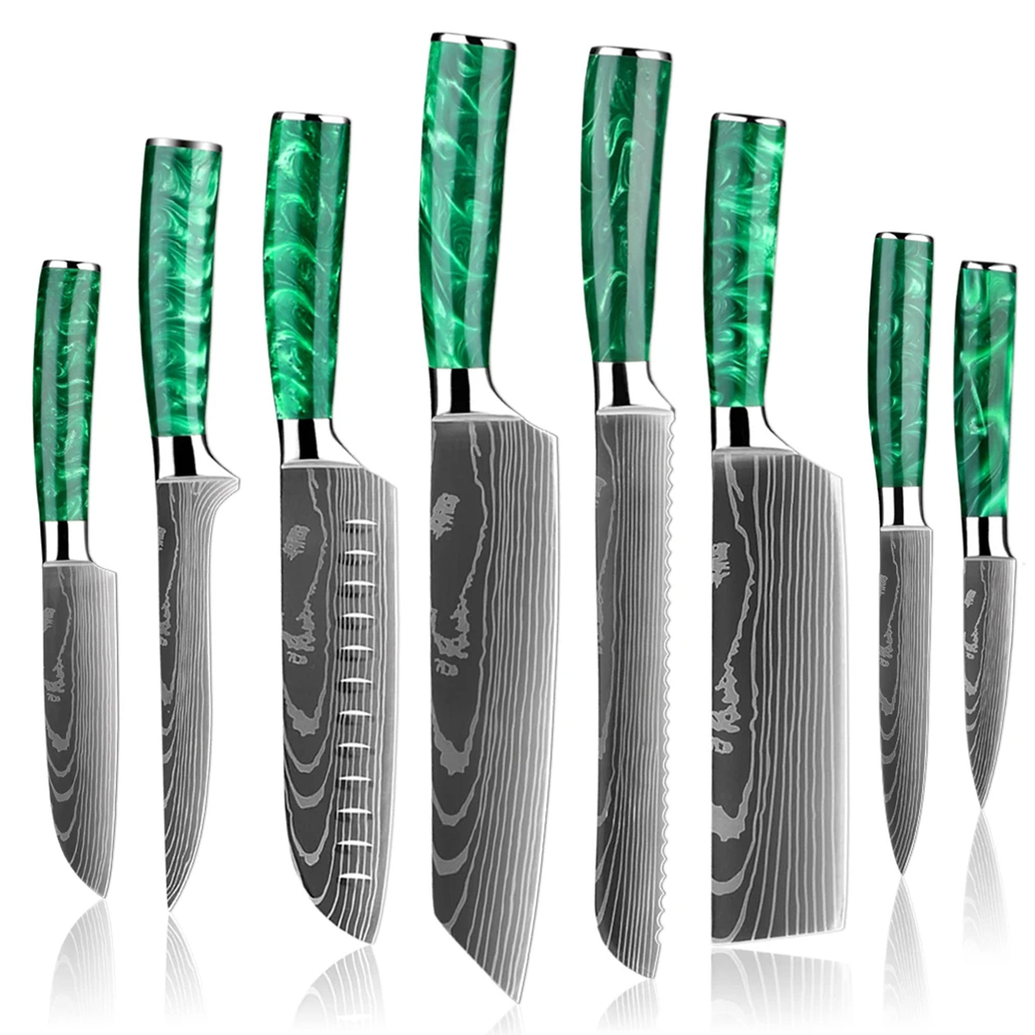 Pro 7Cr17Mov Steel Chef Knife Set with Green Resin Handles