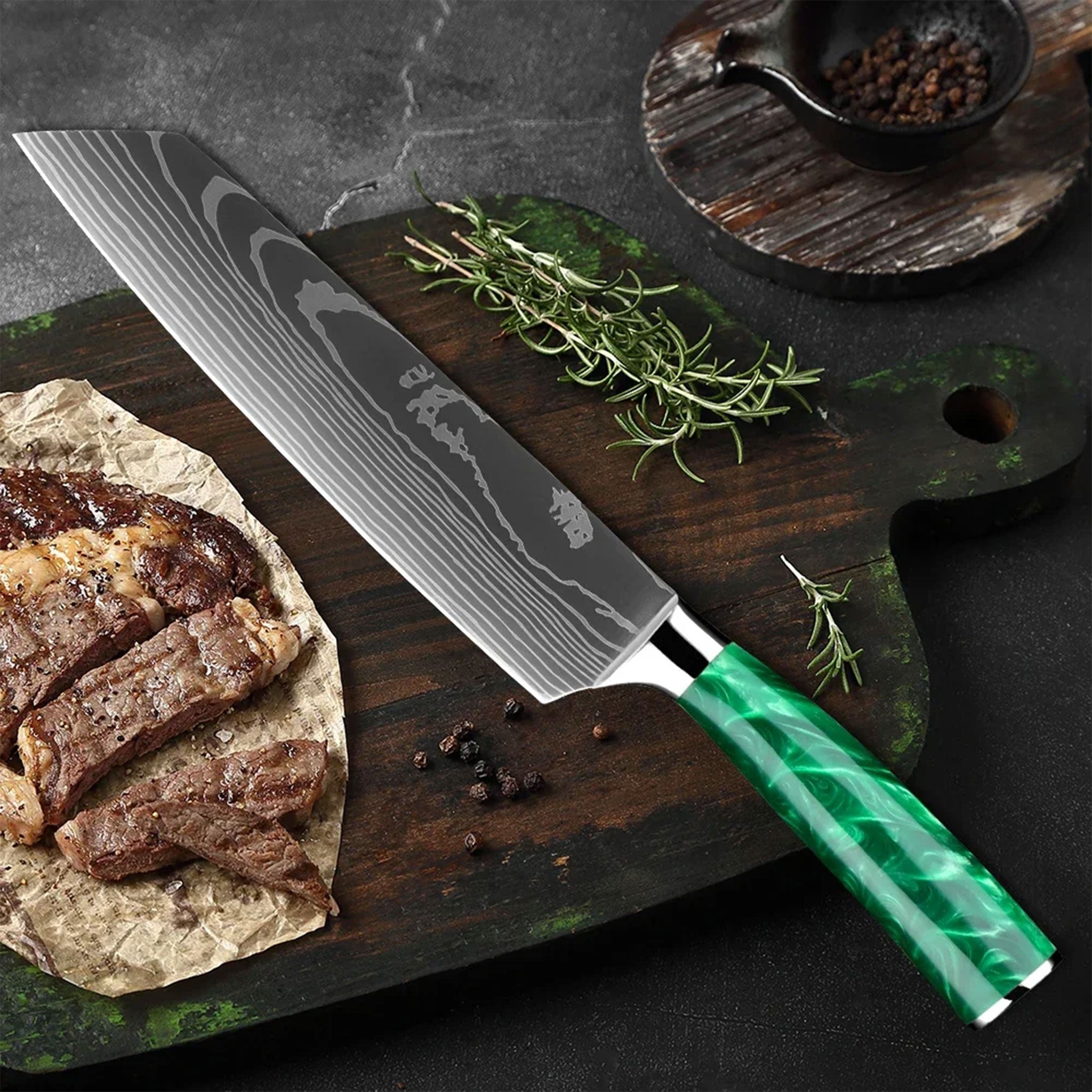Pro 7Cr17Mov Steel Chef Knife Set with Green Resin Handles