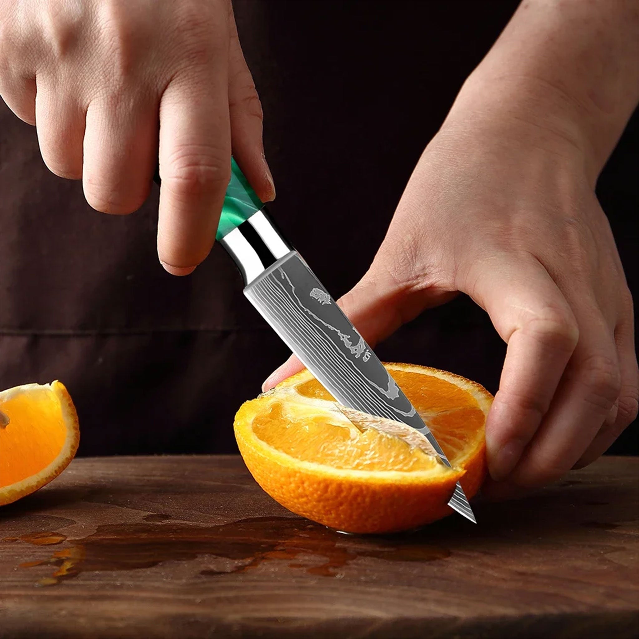 Pro 7Cr17Mov Steel Chef Knife Set with Green Resin Handles