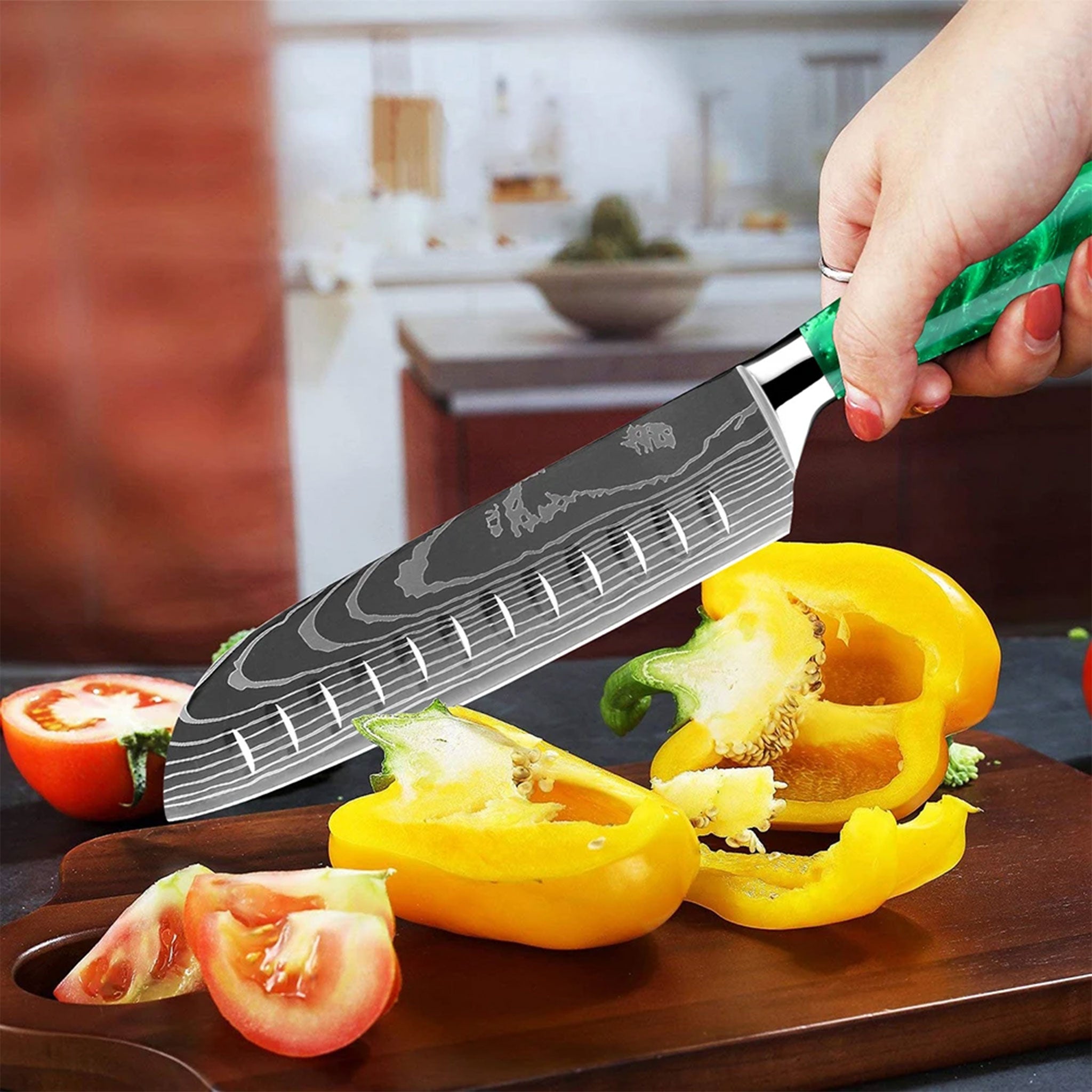 Pro 7Cr17Mov Steel Chef Knife Set with Green Resin Handles