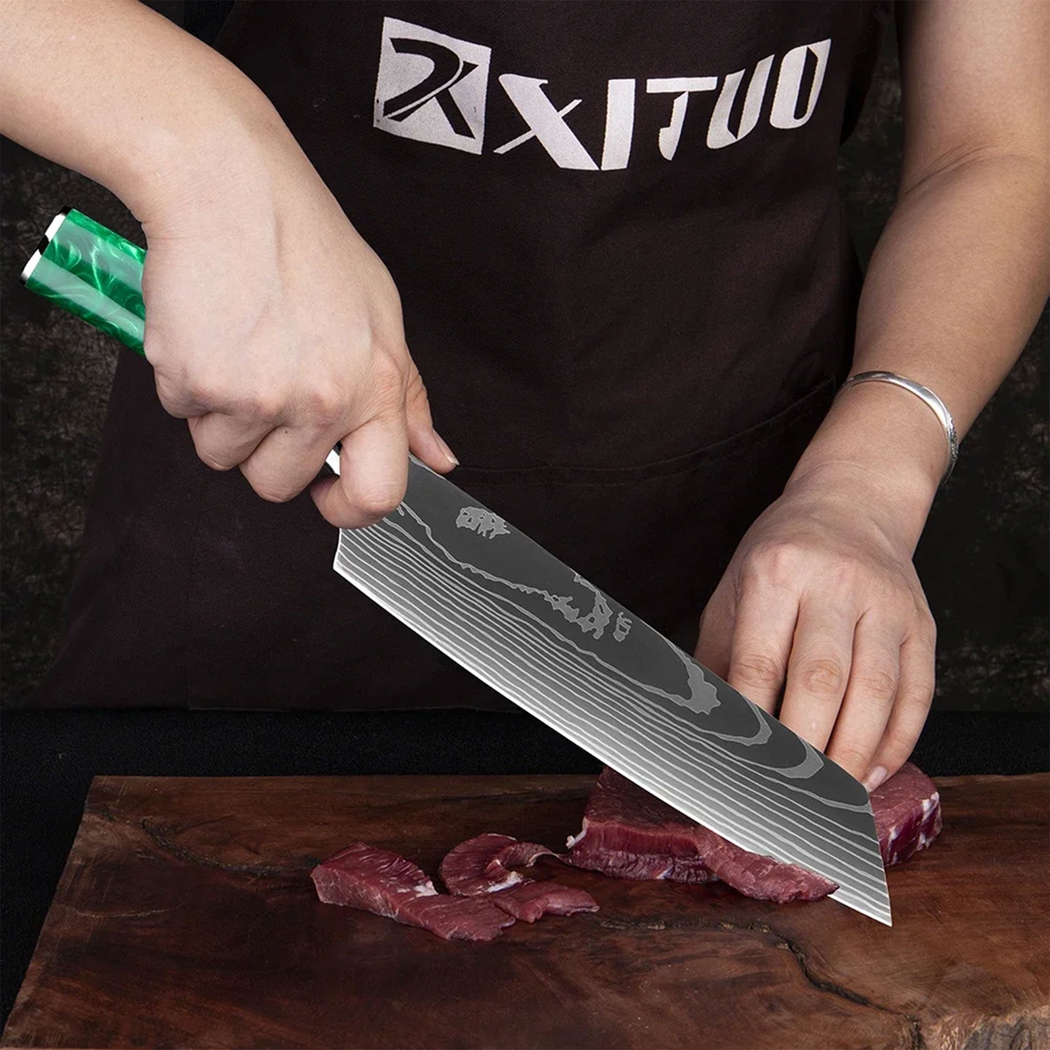 Pro 7Cr17Mov Steel Chef Knife Set with Green Resin Handles