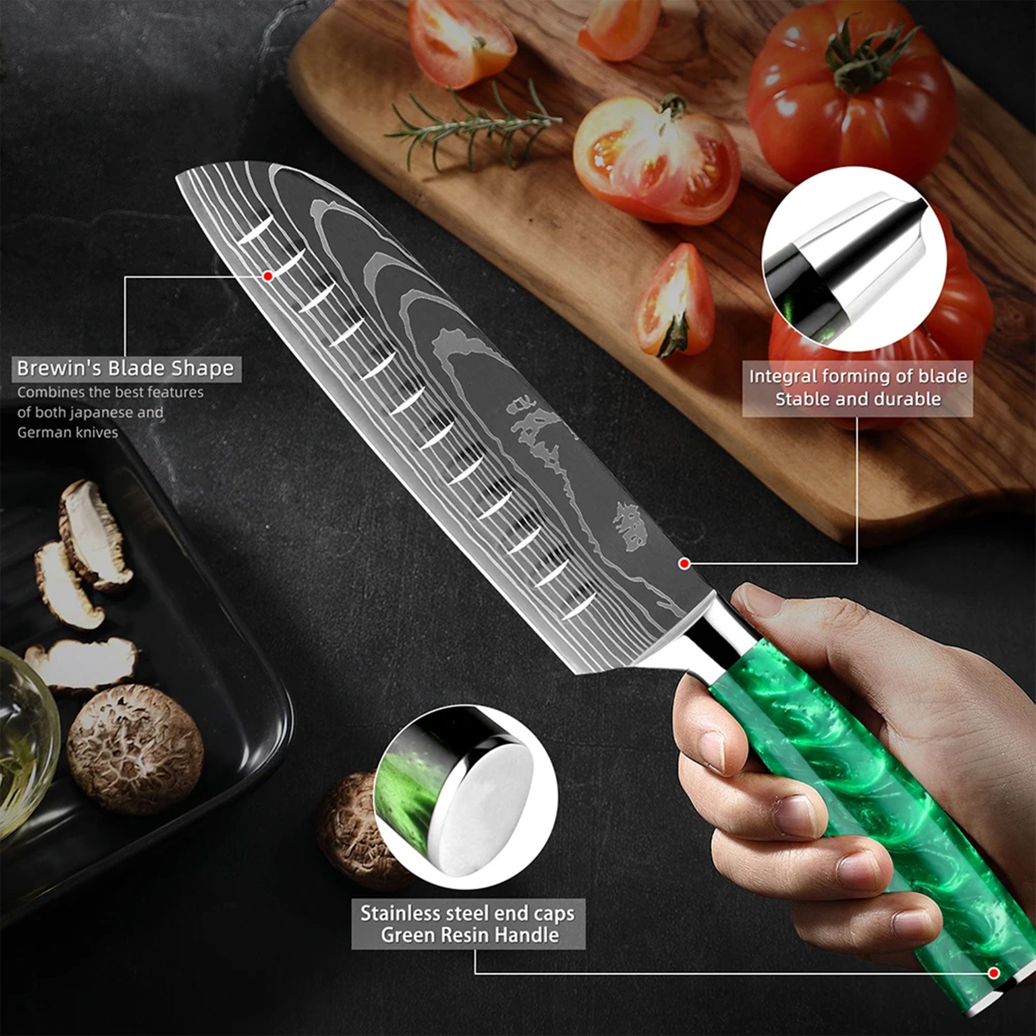 Pro 7Cr17Mov Steel Chef Knife Set with Green Resin Handles
