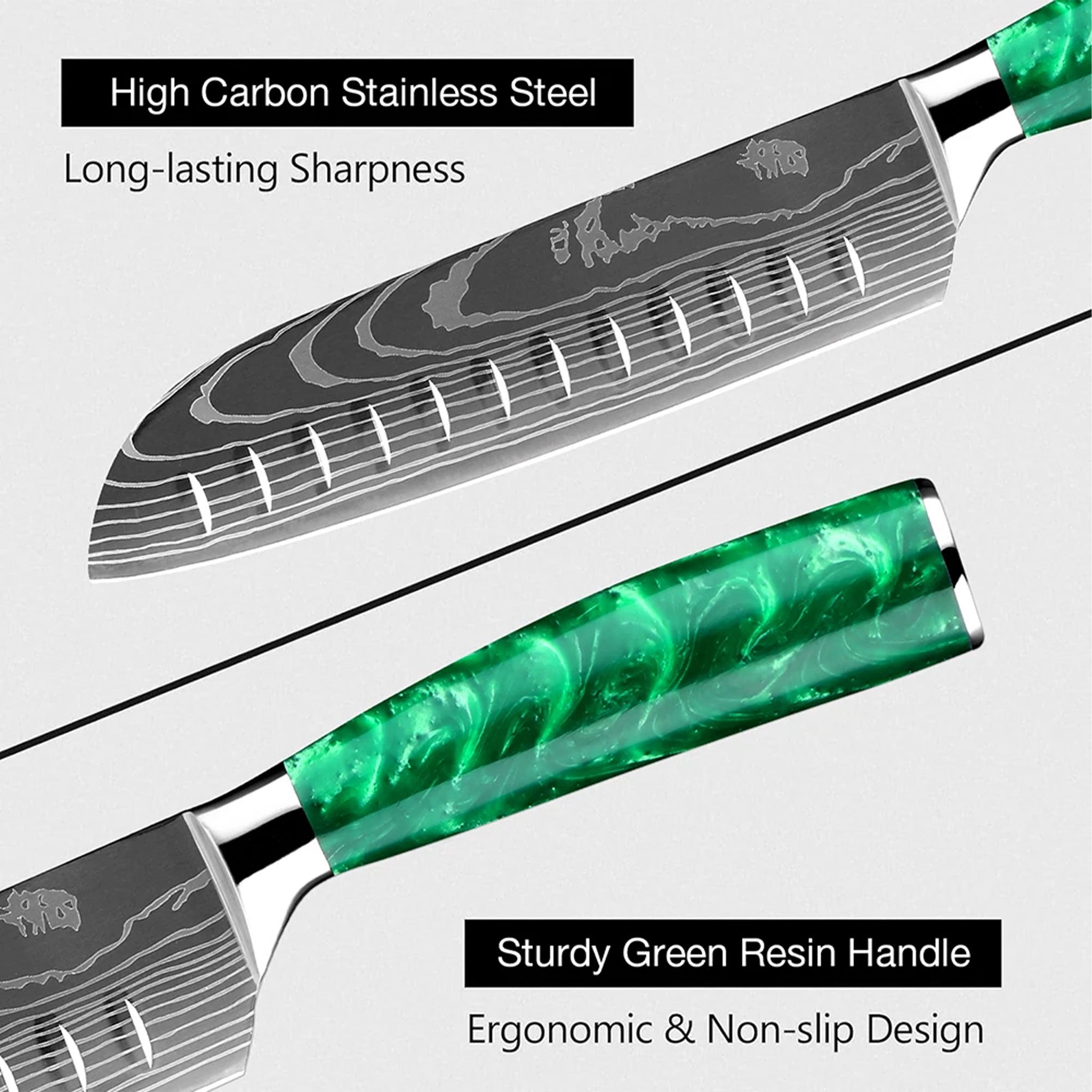 Pro 7Cr17Mov Steel Chef Knife Set with Green Resin Handles