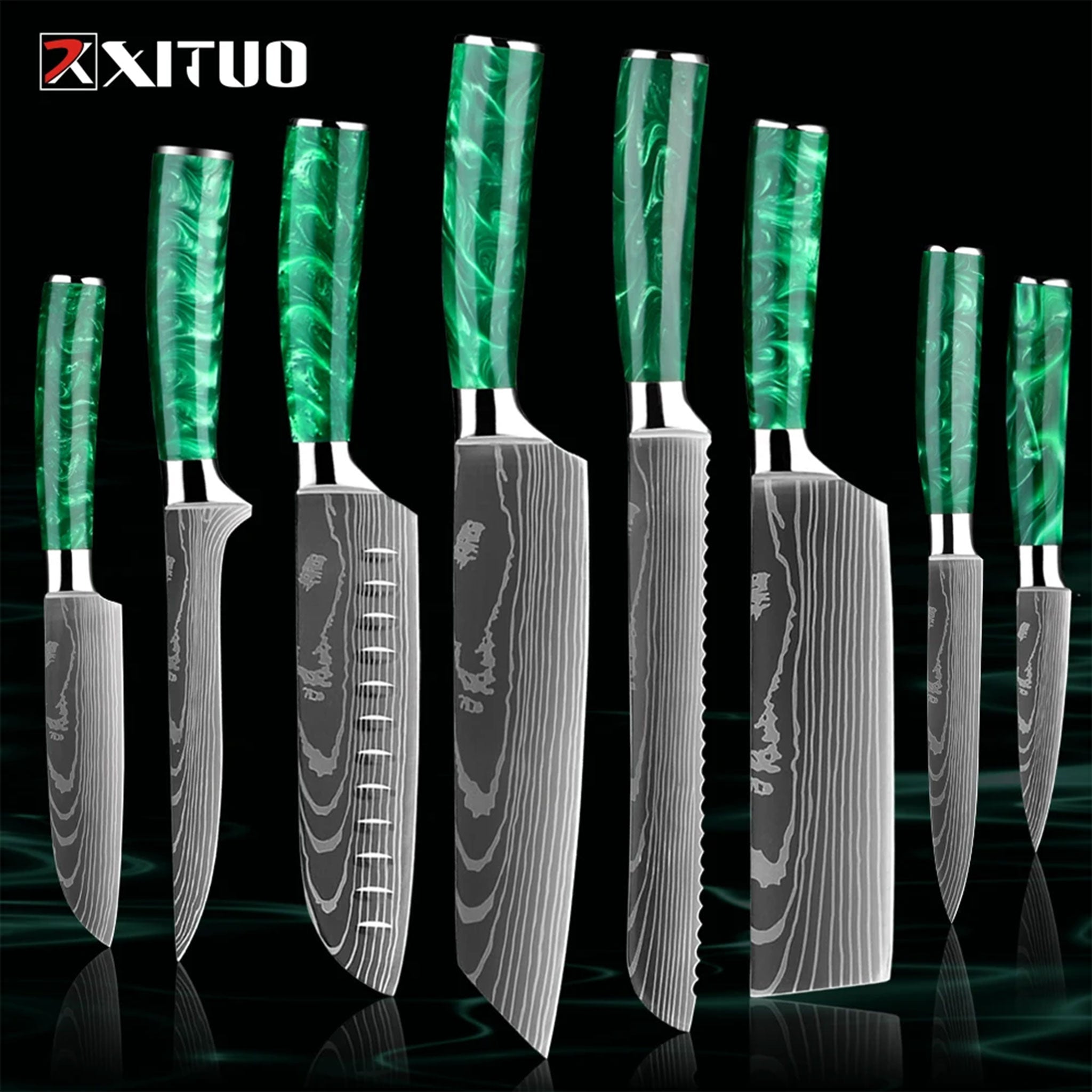 Pro 7Cr17Mov Steel Chef Knife Set with Green Resin Handles
