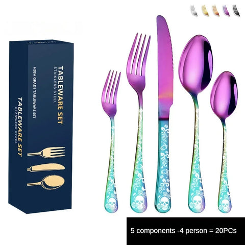 Stainless steel knife, fork and spoon set tableware Skull Western food gift box with 5 components for 4 people /8 people